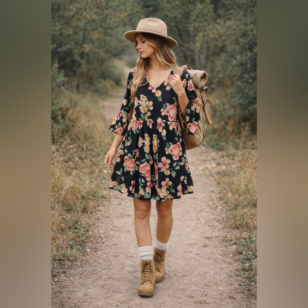Dear Scarlett XL Black Floral Babydoll Dress Bell Sleeves Plus Size